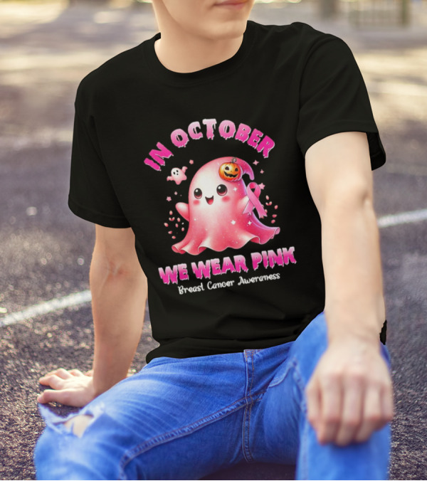 In October We Wear Pink Ghost Pumpkin Ribbon Breast Cancer Awareness T-Shirt