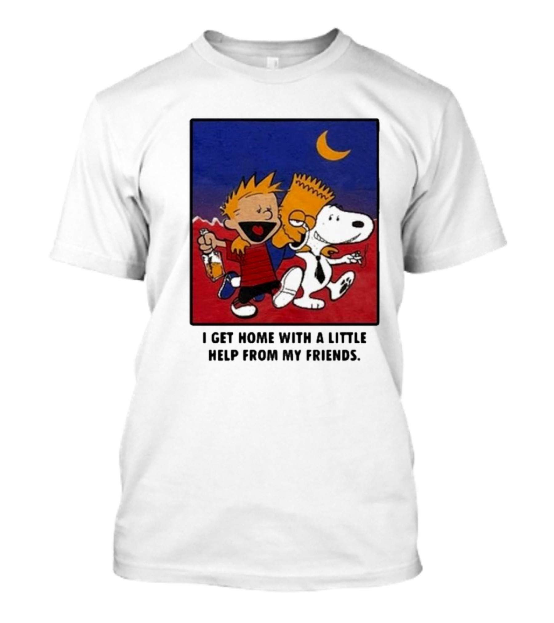 I Get Home With A Little Help From My Friends Calvin And Hobbes Bart Simpson Snoopy Moon T-Shirt