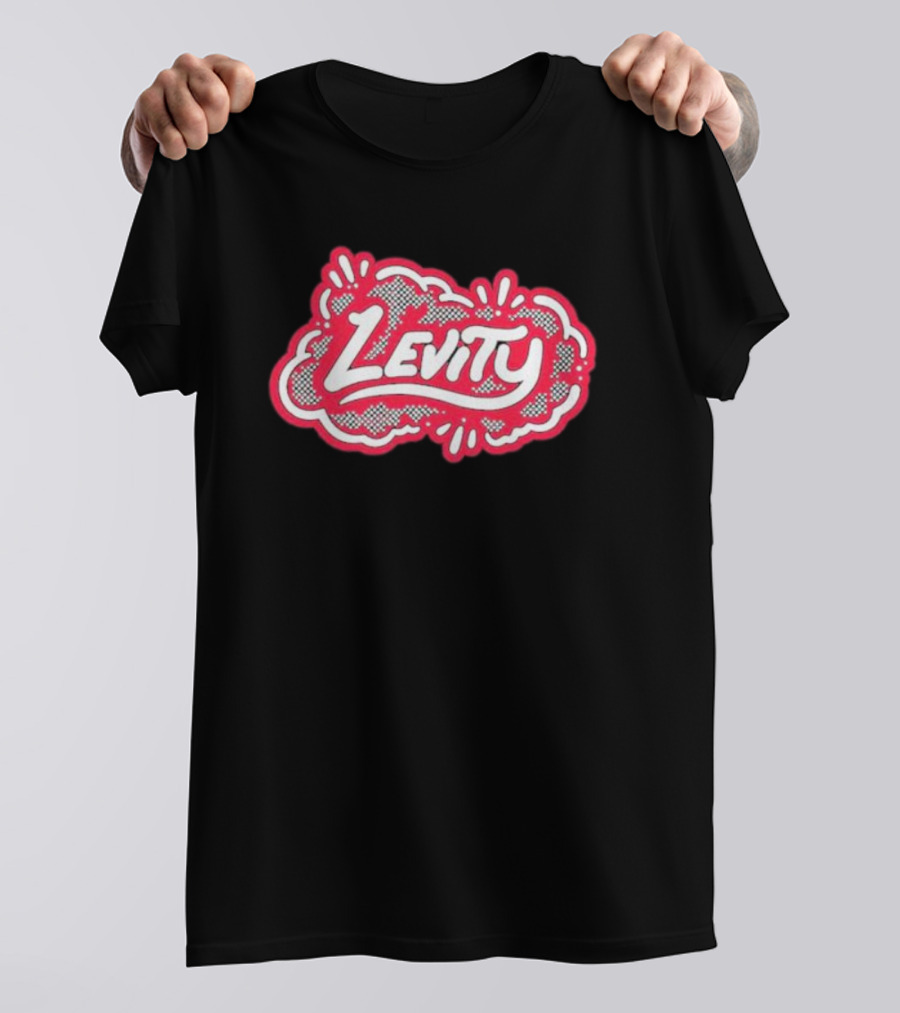 Levity Music Store Red And White Comic-Style Text On Black Cloud Background T-Shirt