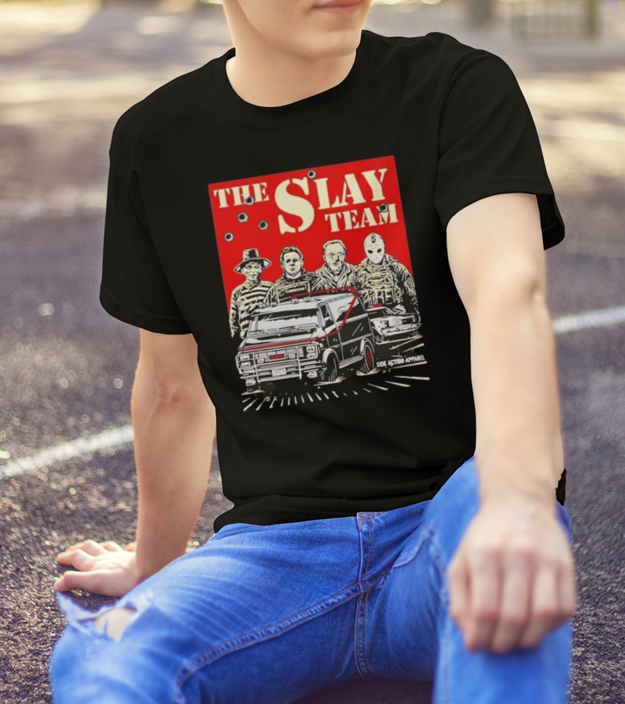 The Slay Team Horror Movies Characters Side Action T-Shirt