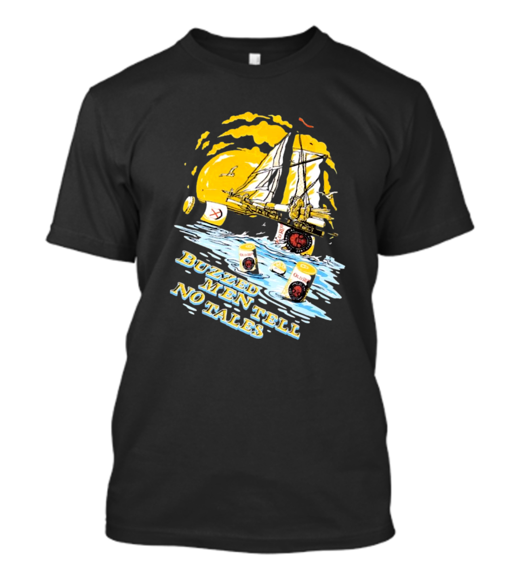 Buzzed Men Tell No Tales With Sailboat And Old Style Beer Can Waves T-Shirt