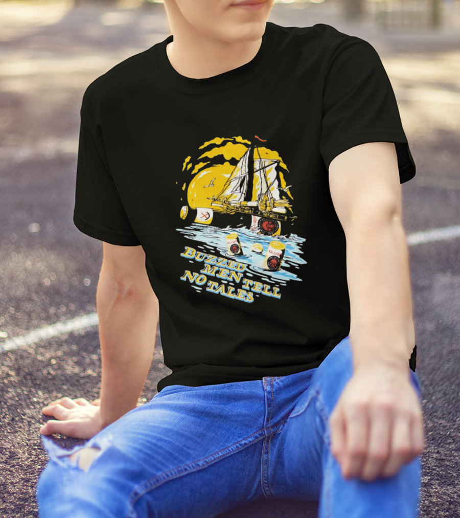Buzzed Men Tell No Tales With Sailboat And Old Style Beer Can Waves T-Shirt