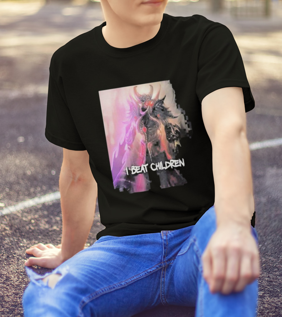 Kassadin I Beat Children Text Featuring Dark Mysterious Armored Character With Glowing Accents T-Shirt