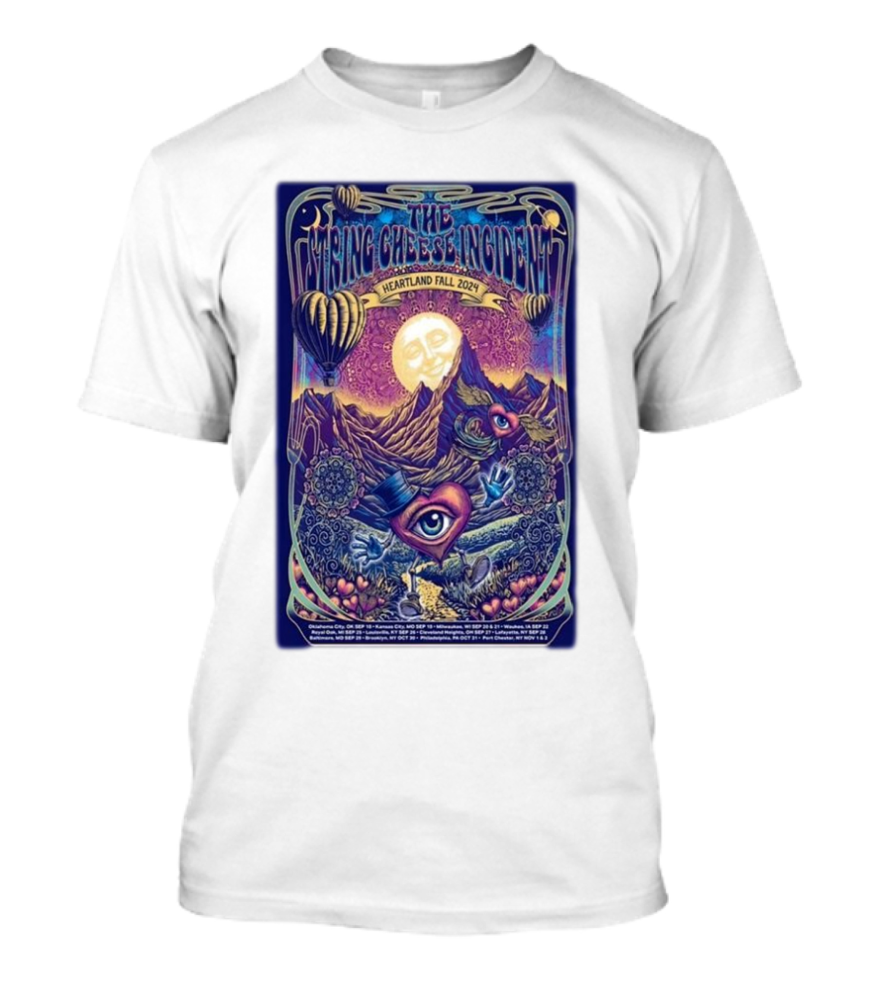 The String Cheese Incident Heartland Fall 2024 Surreal Mountain Moon Hot Air Balloons And Cosmic Eye T-Shirt