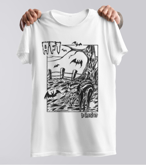 AFI All Hallow's Eve Bats And Black Cat In Haunted Scene T-Shirt