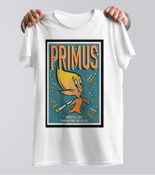 PRIMUS August 13 2024 Thompson's Point Portland ME Starburst Cartoon Character T-Shirt