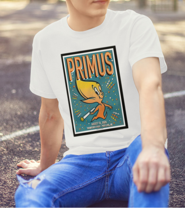 PRIMUS August 13 2024 Thompson's Point Portland ME Starburst Cartoon Character T-Shirt