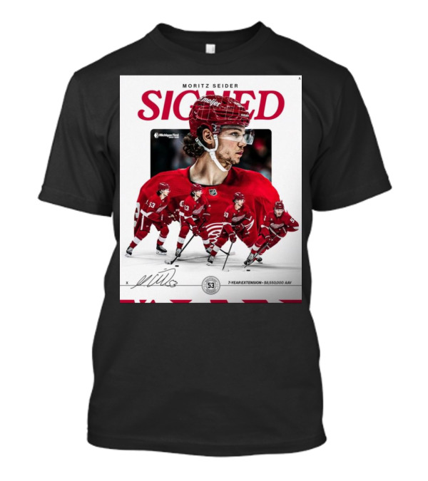 Moritz Seider Signed Detroit Red Wings 7-Year Extension NHL Signature T-Shirt
