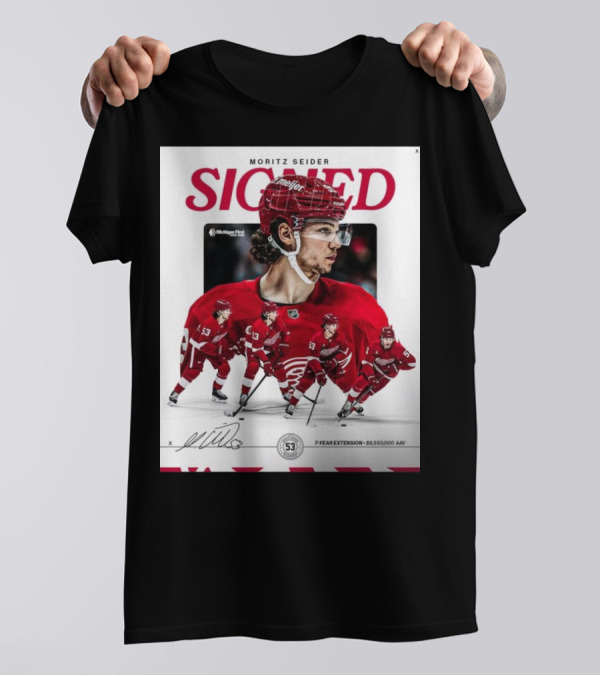 Moritz Seider Signed Detroit Red Wings 7-Year Extension NHL Signature T-Shirt