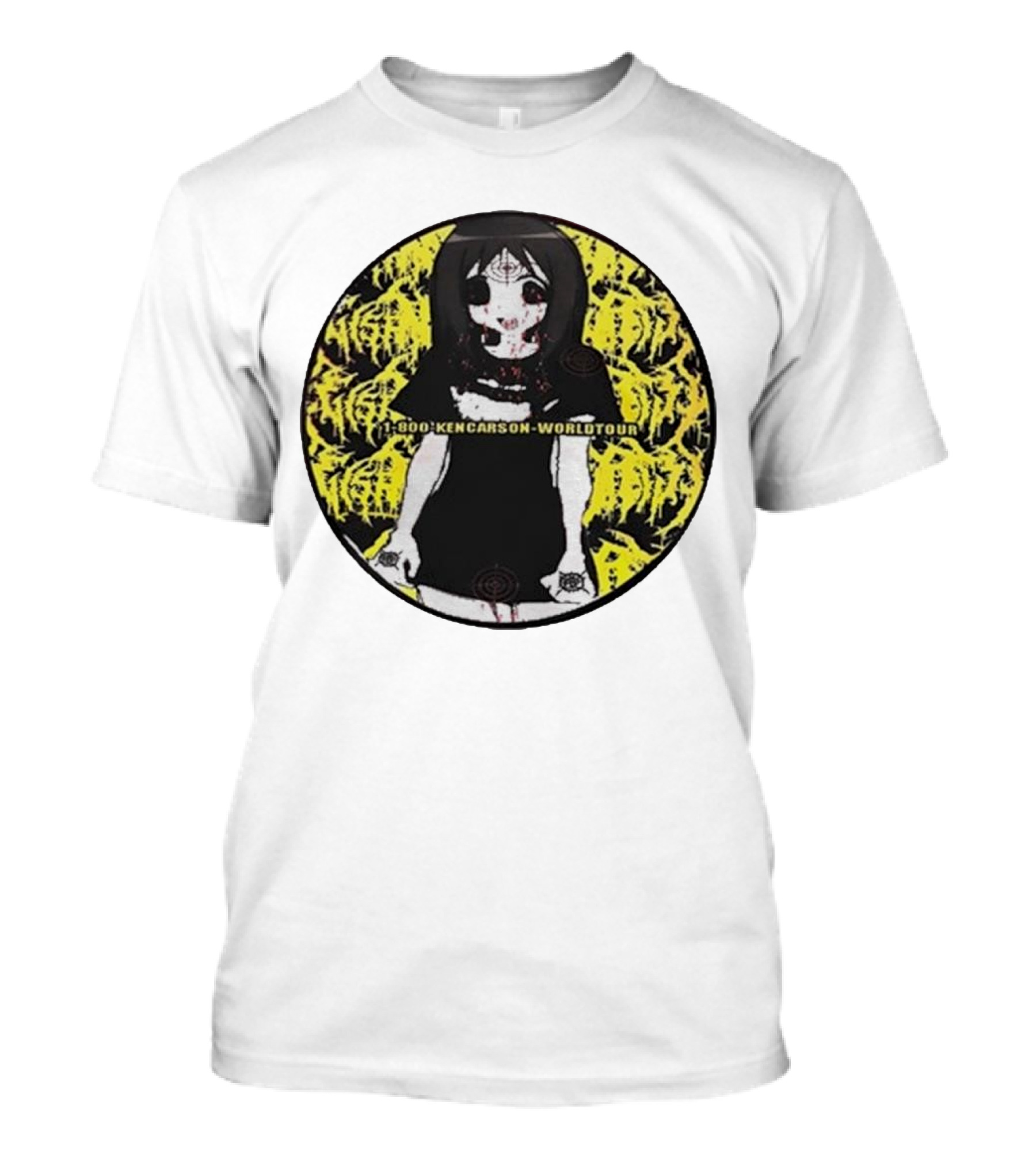 1 800 Ken Carson World Tour Creepy Anime Girl With Yellow Graffiti Background T-Shirt
