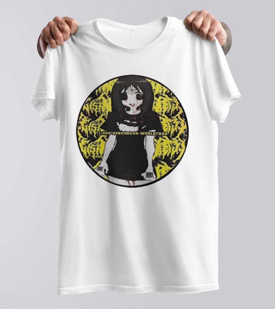 1 800 Ken Carson World Tour Creepy Anime Girl With Yellow Graffiti Background T-Shirt