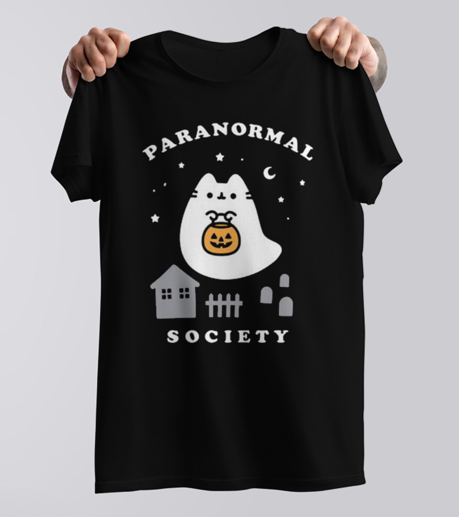 Boosheen Paranormal Society Halloween Cat With Pumpkin Moon And Stars T-Shirt