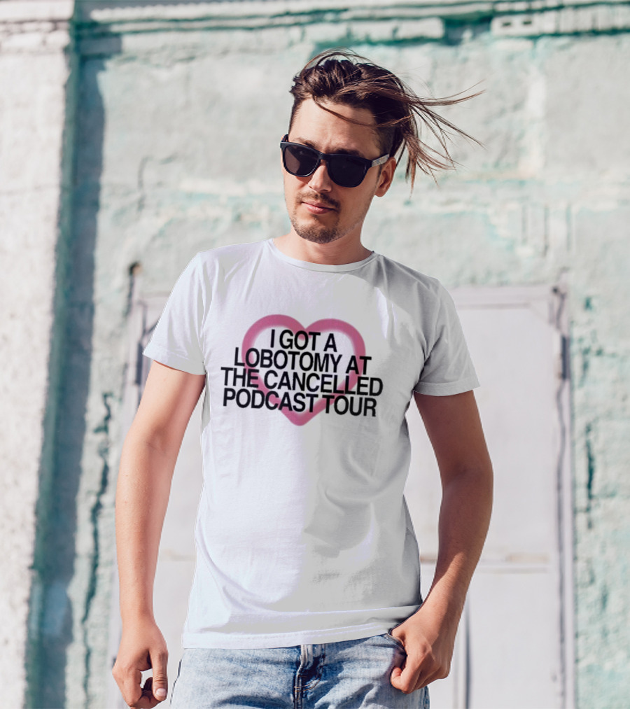 Brooke Schofield Wearing I Got A Lobotomy At The Cancelled Podcast Tour Heart Frame T-Shirt