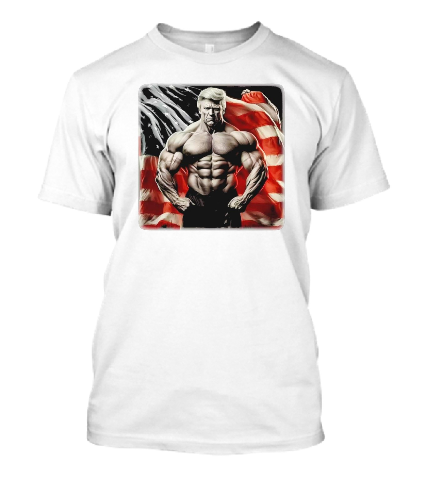 Buff Muscle Donald Trump American Flag Background T-Shirt