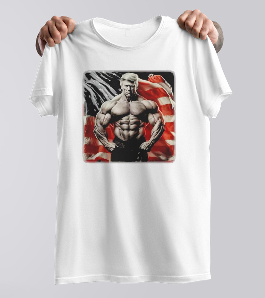 Buff Muscle Donald Trump American Flag Background T-Shirt