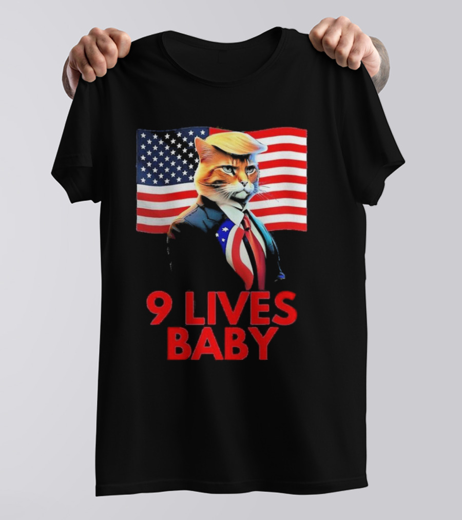 9 Lives Baby Cat In Suit Trump Hair American Flag T-Shirt