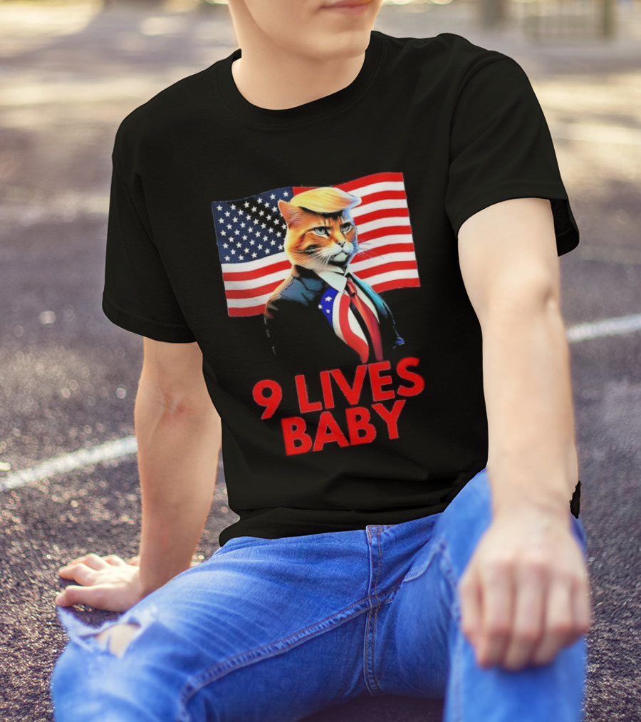 9 Lives Baby Cat In Suit Trump Hair American Flag T-Shirt