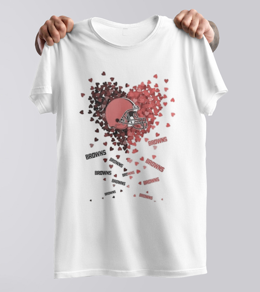 Cleveland Browns Helmet Heart Design With Red Hearts And Browns Text T-Shirt