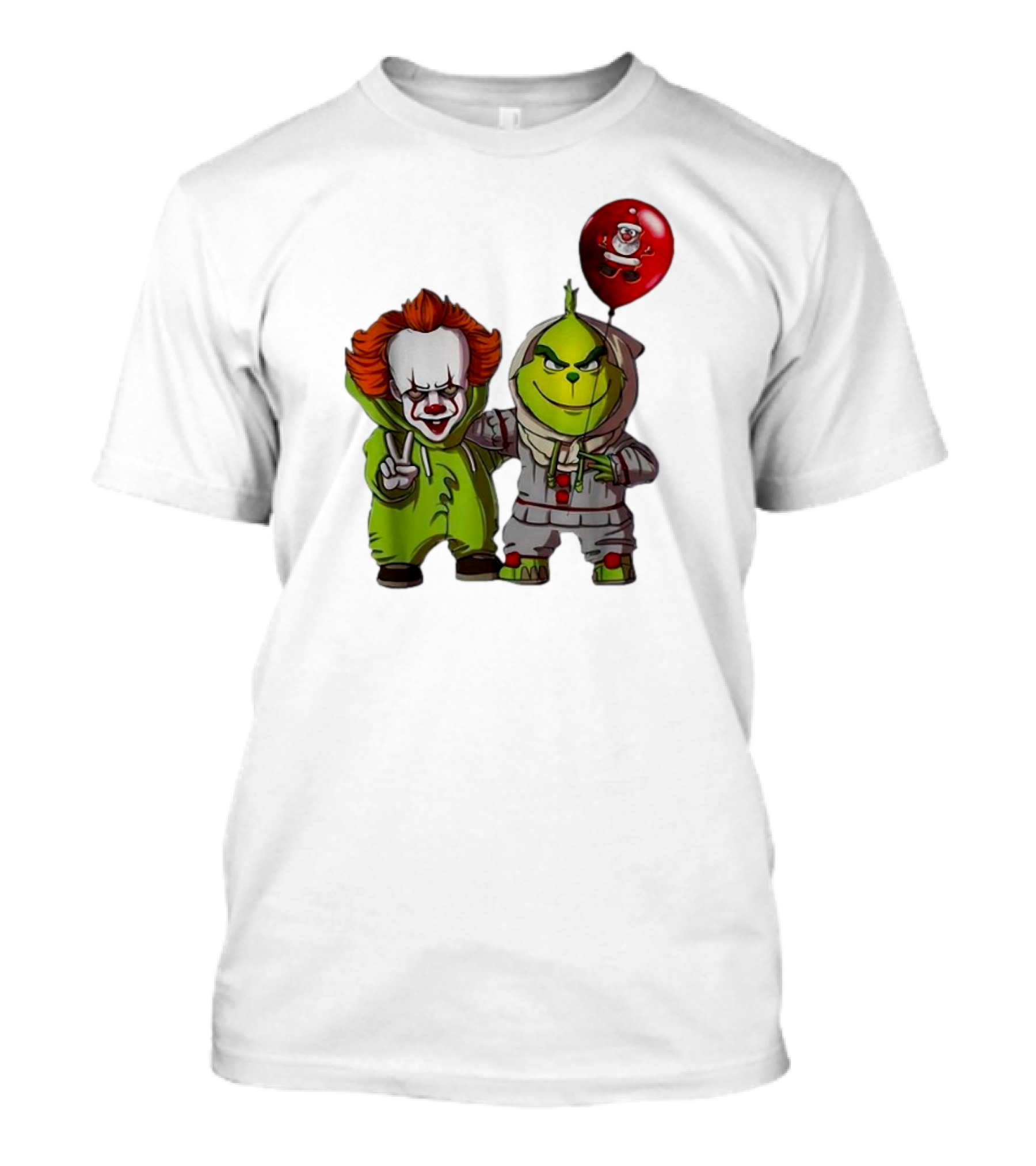 Pennywise Clown And Grinch Santa Balloon Halloween T-Shirt