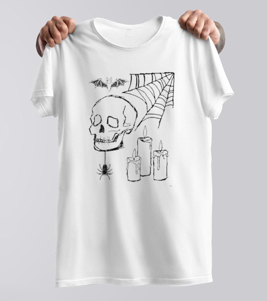 Fgmoo Spooky Skull 2024 Web Candle Bat Spider Skull T-Shirt