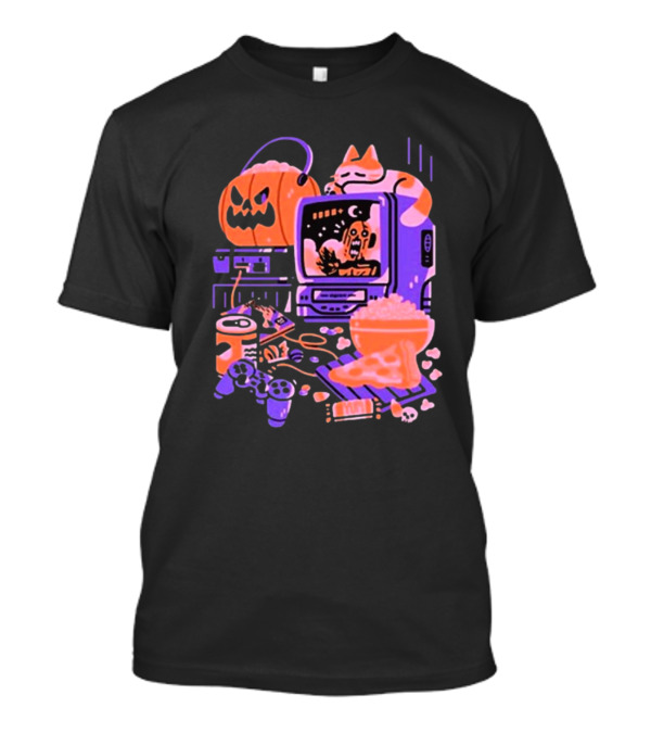 Friday Night Frights 1000 Dead Draculas Halloween Gaming Popcorn Pumpkin Cat Vintage TV Gamer Setup T-Shirt