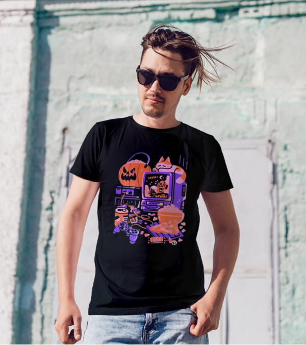 Friday Night Frights 1000 Dead Draculas Halloween Gaming Popcorn Pumpkin Cat Vintage TV Gamer Setup T-Shirt