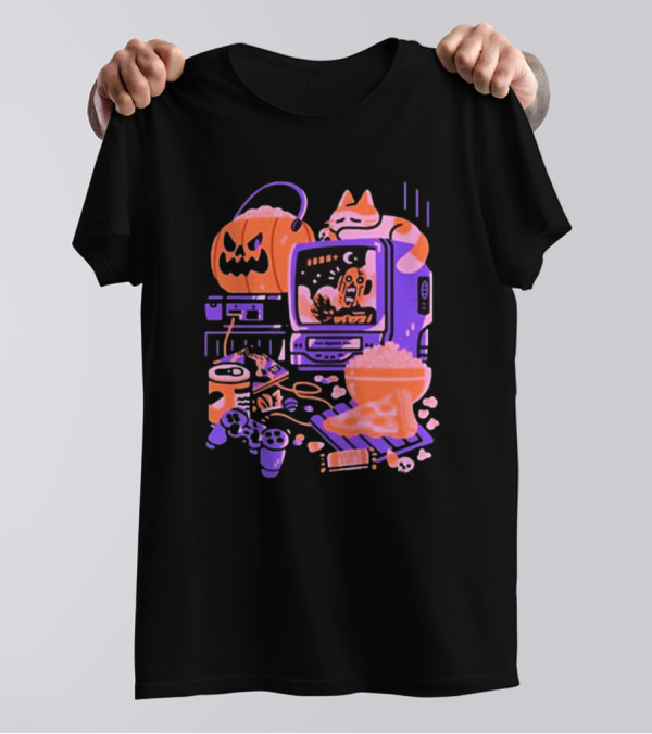 Friday Night Frights 1000 Dead Draculas Halloween Gaming Popcorn Pumpkin Cat Vintage TV Gamer Setup T-Shirt