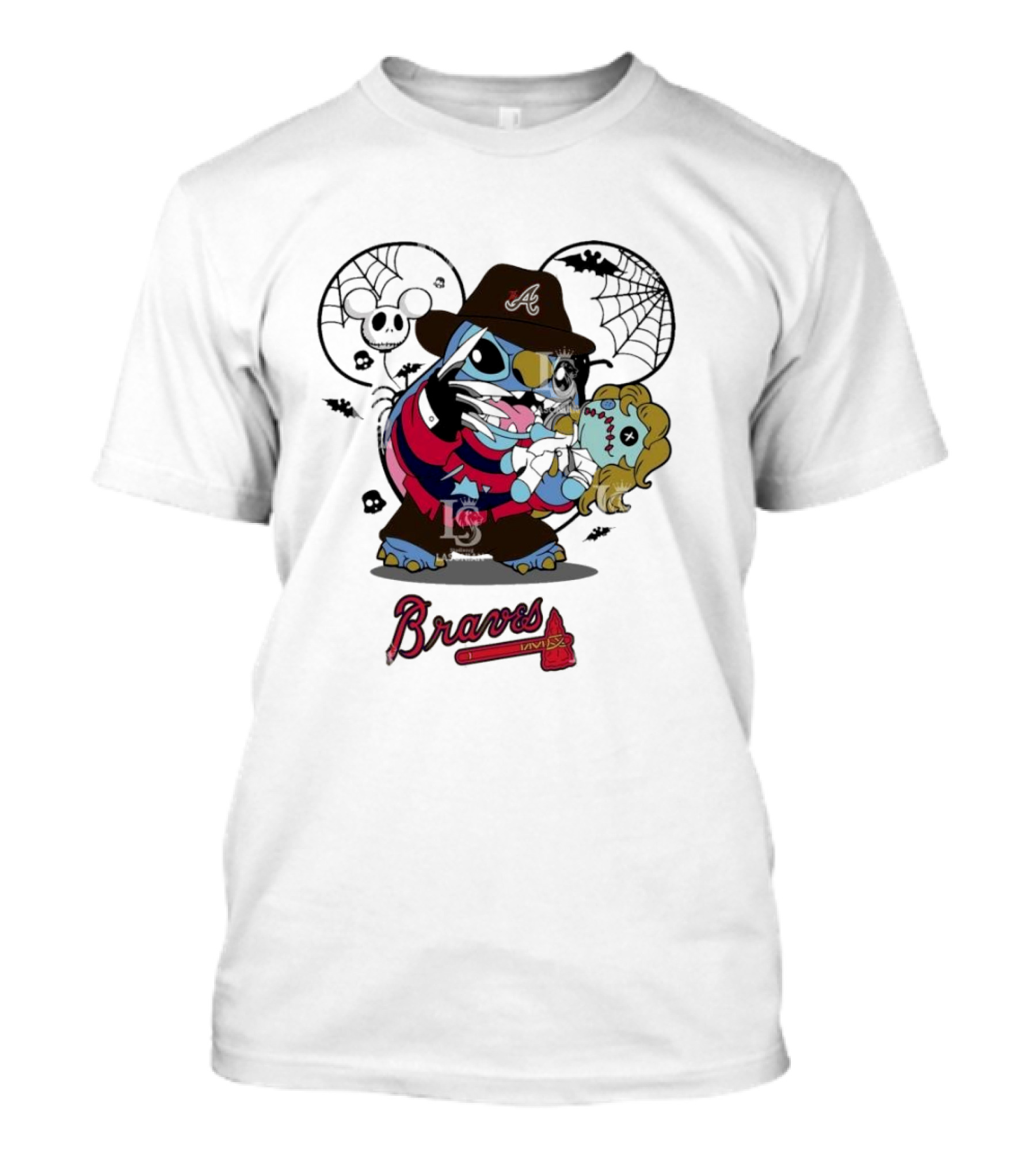Atlanta Braves Stitch Freddy Krueger Halloween Braves Text Spider Web Doll T-Shirt