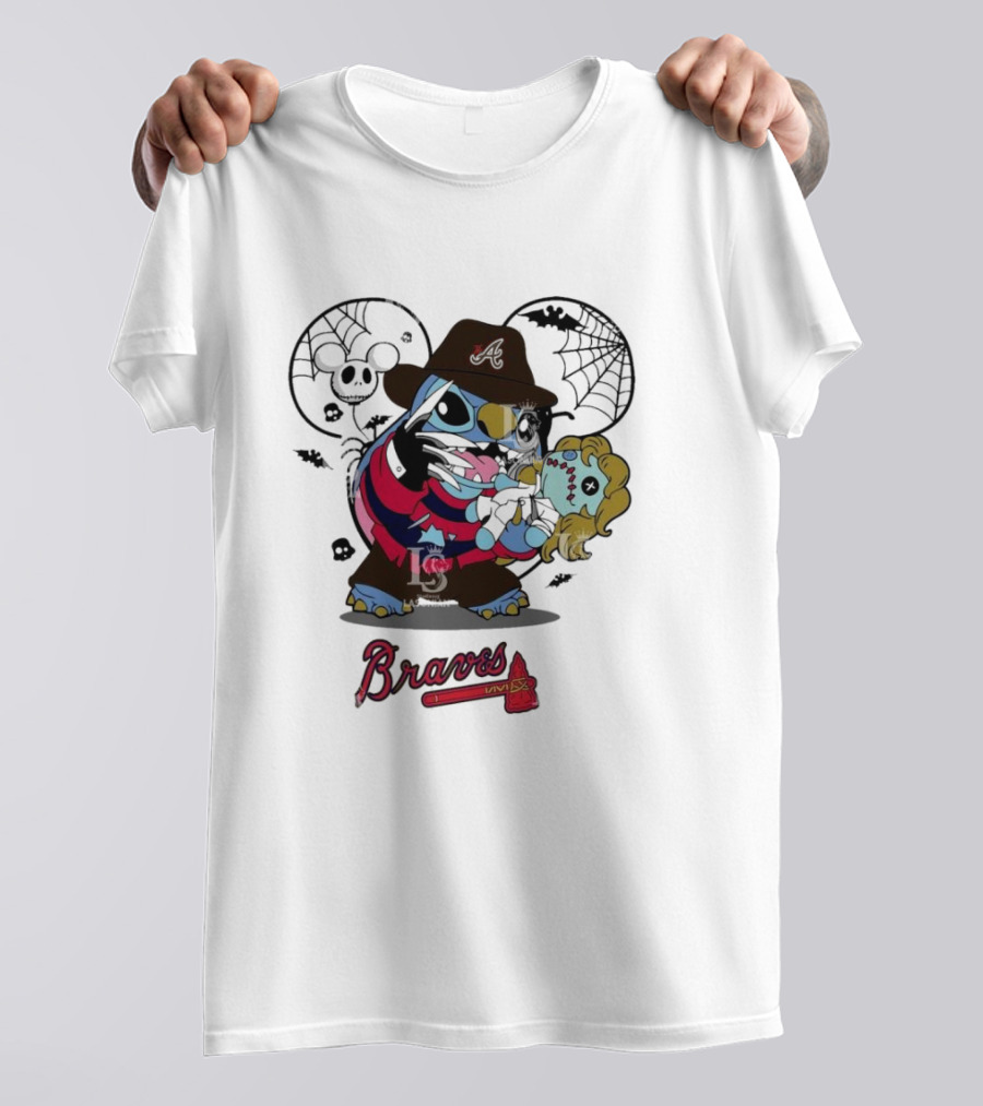 Atlanta Braves Stitch Freddy Krueger Halloween Braves Text Spider Web Doll T-Shirt
