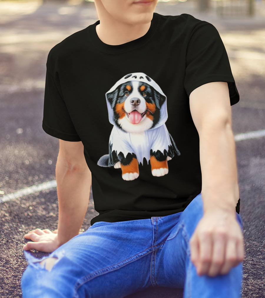 Bernese Mountain Dog Puppy In Ghost Costume For Halloween T-Shirt