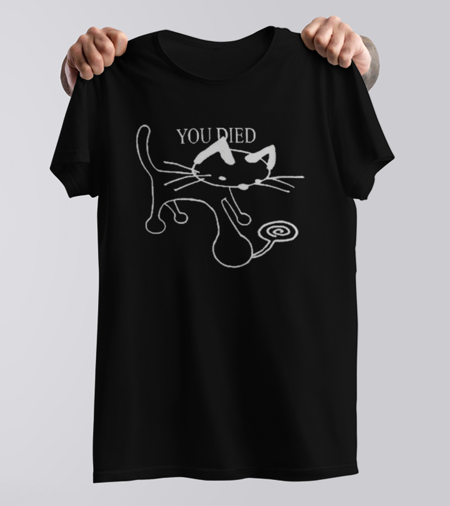 Geov Pixlotl You Died Cat Sketch With Whimsical Line Art And Spiral Tail T-Shirt