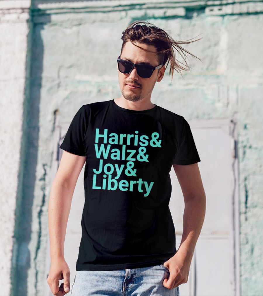Harris Walz Joy Liberty Icons In Light Blue Text T-Shirt