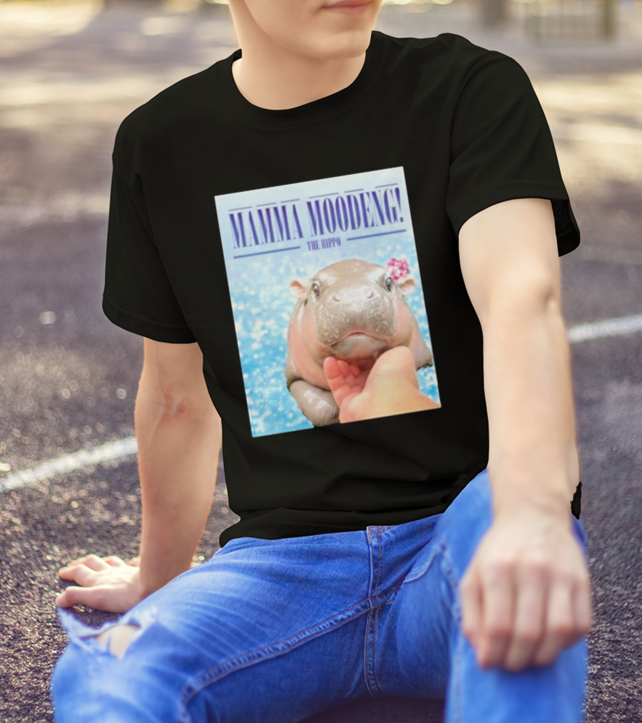 Mamma Moodeng The Hippo Vintage Cute Hippo With Flower And Water Background T-Shirt