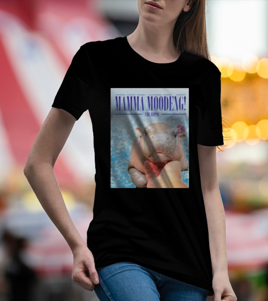 Mamma Moodeng The Hippo Vintage Cute Hippo With Flower And Water Background T-Shirt