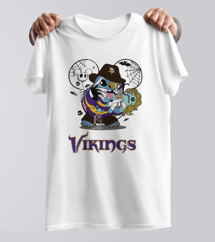 Vikings Stitch Freddy Krueger Halloween Mashup With Webs And Zombie Elements T-Shirt