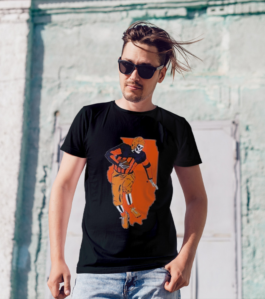 IL Illinois Fighting Illini Football Skeleton Player On Orange State Background T-Shirt
