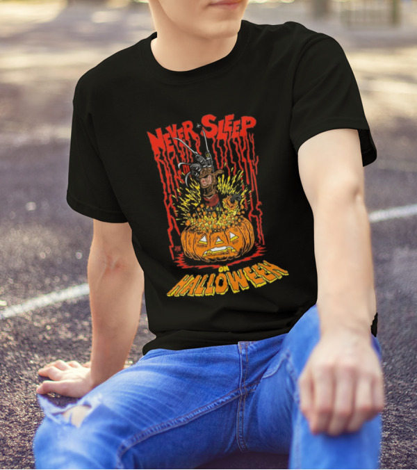 Never Sleep On Halloween Freddy Krueger Pumpkin Horror T-Shirt