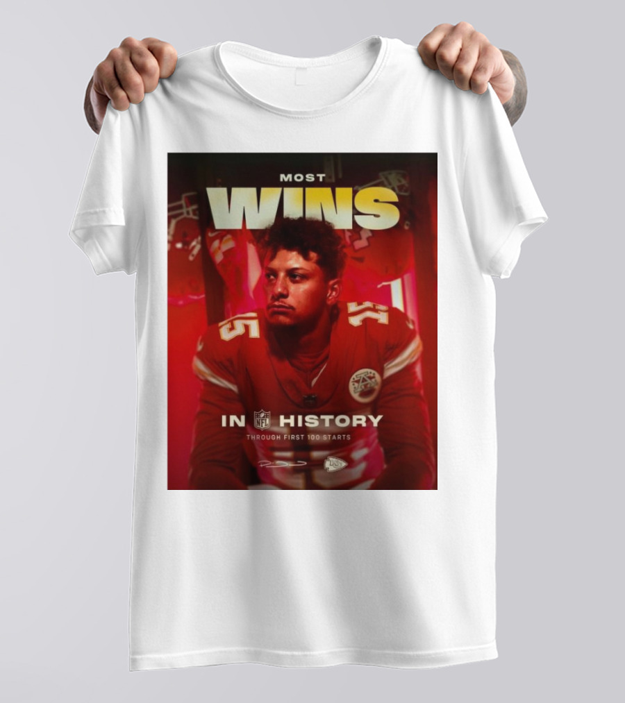 Most Wins In NFL History Through First 100 Starts Patrick Mahomes Kansas City Chiefs T-Shirt