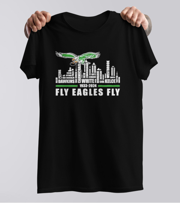 Philadelphia Eagles Fly Eagles Fly 1933-2024 Skyline Dawkins Carmichael White Jenkins Cox Kelce Westbrook Peters Van Buren Montgomery McCoy McNabb Foles Graham Bryant T-Shirt