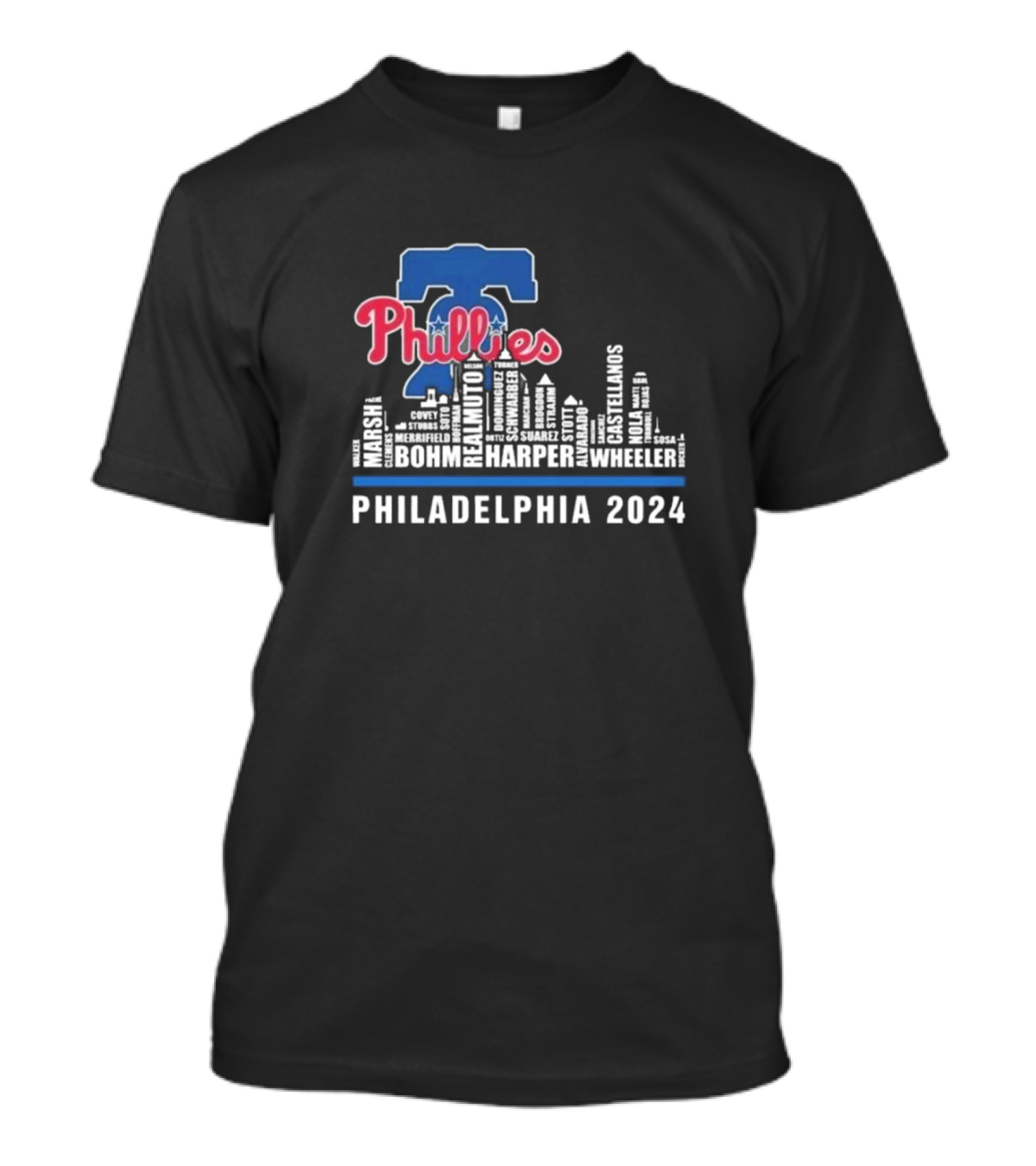 Phillies Philadelphia 2024 Harper Realmuto Bohm Wheeler Castillo Suarez Marsh Clemens T-Shirt