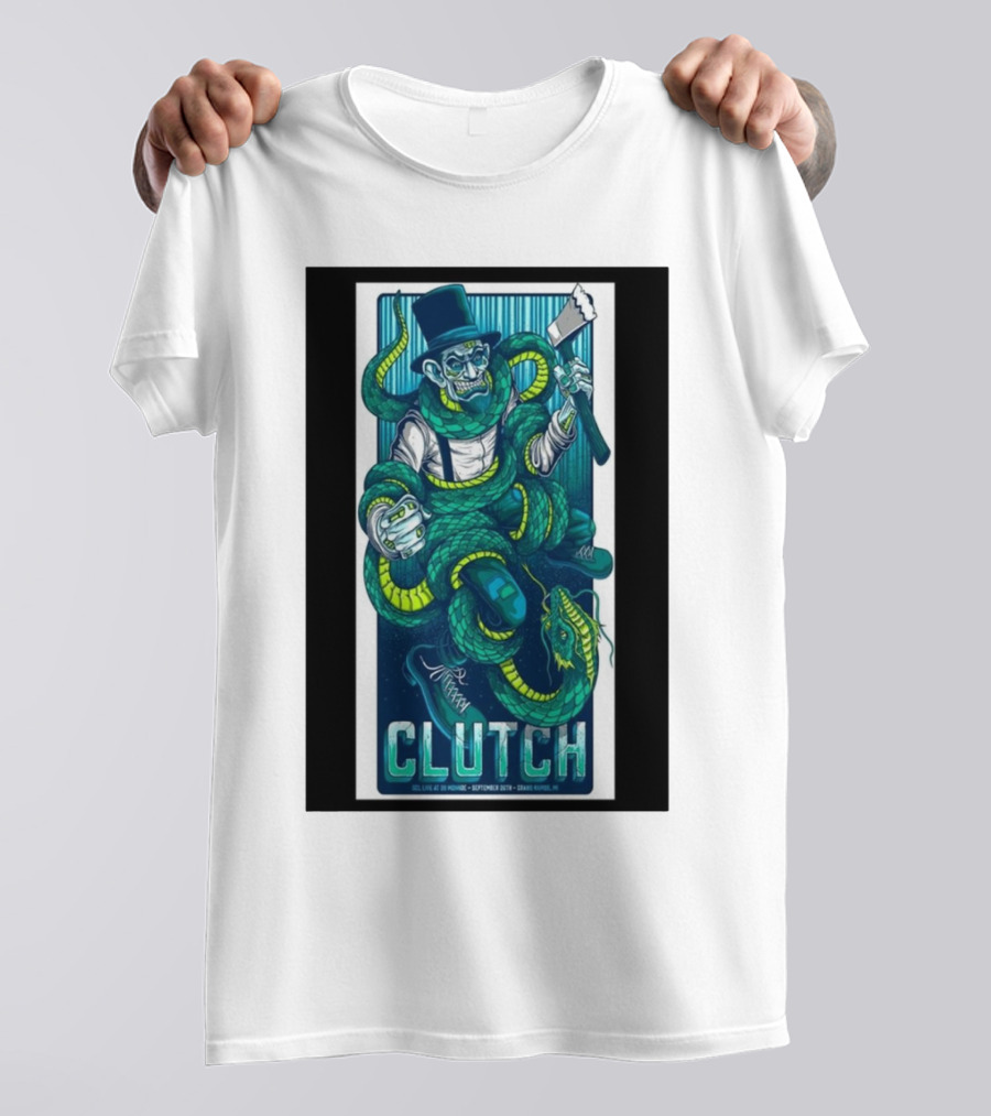 Clutch September 26, 2024 GLC Live At 20 Monroe Grand Rapids MI Tour Special Art Featuring Snake And Top Hat Figure T-Shirt