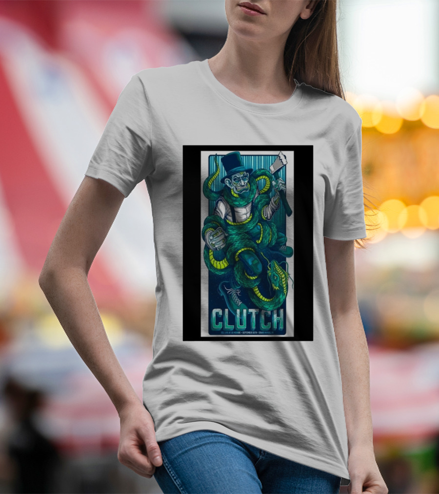 Clutch September 26, 2024 GLC Live At 20 Monroe Grand Rapids MI Tour Special Art Featuring Snake And Top Hat Figure T-Shirt