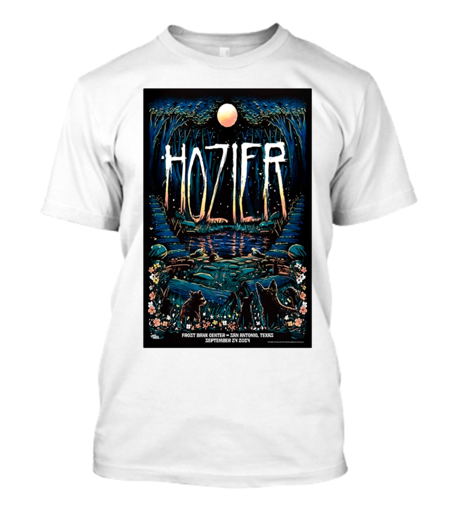 Hozier Live At Frost Bank Center San Antonio Texas September 24 2024 Tour Moonlit Forest Scene T-Shirt