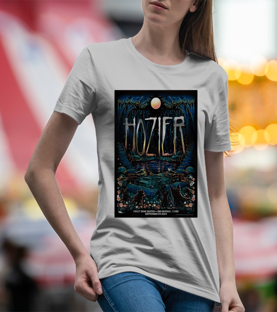 Hozier Live At Frost Bank Center San Antonio Texas September 24 2024 Tour Moonlit Forest Scene T-Shirt