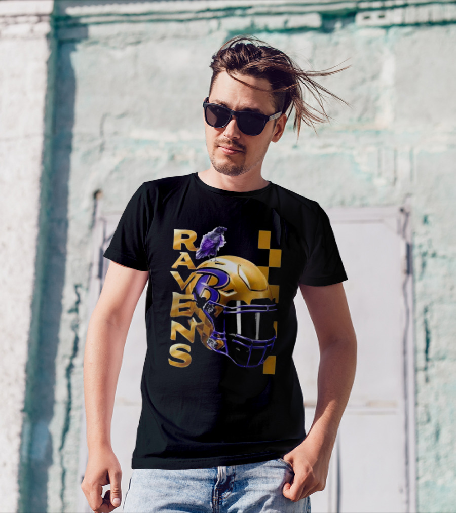 Ravens Gold Helmet With Purple B And Crow T-Shirt