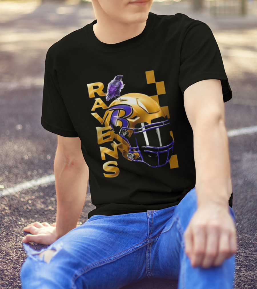 Ravens Gold Helmet With Purple B And Crow T-Shirt