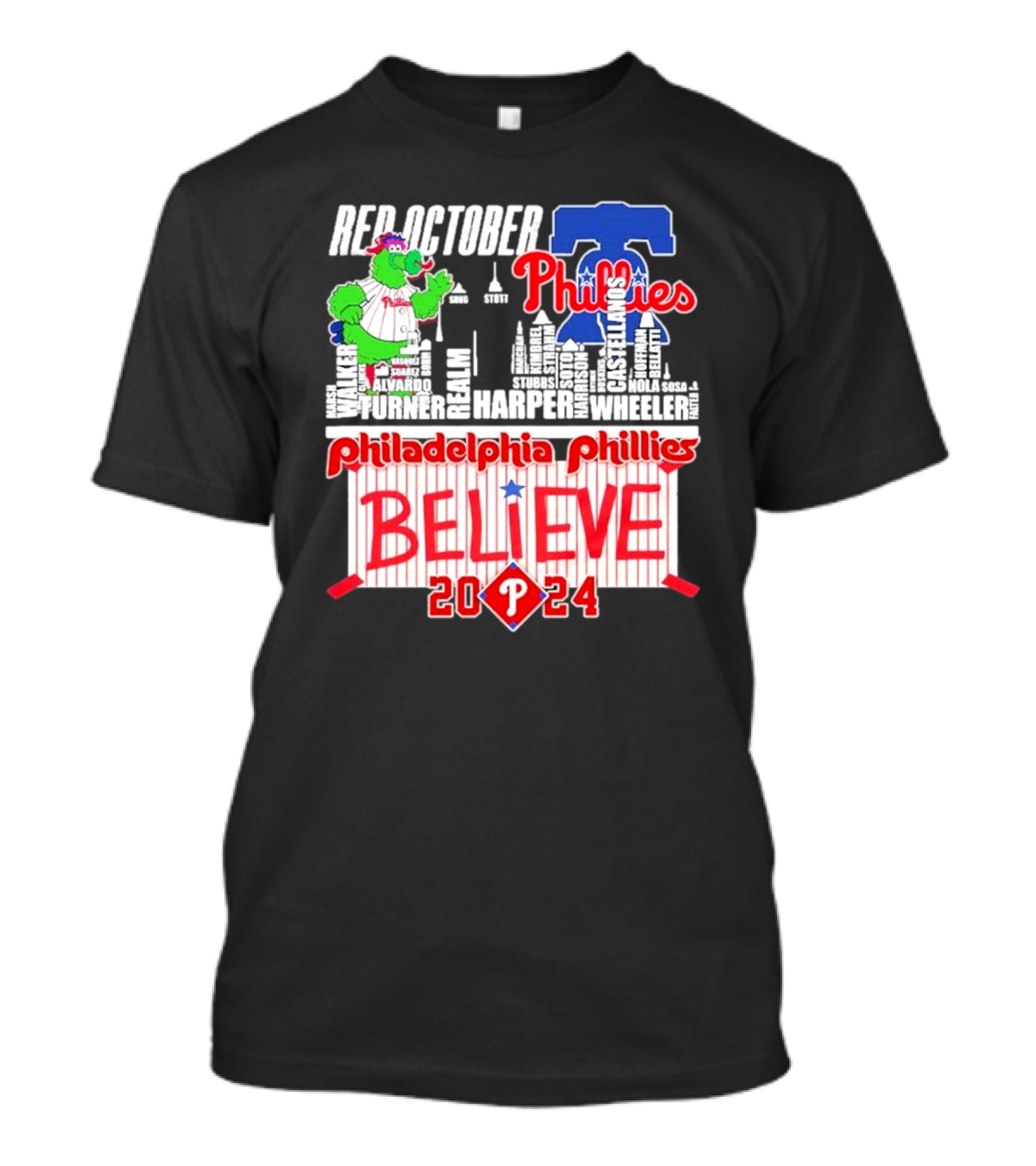 Red October Philadelphia Phillies Believe Phanatic 2024 Harper Wheeler Stadium Skyline T-Shirt