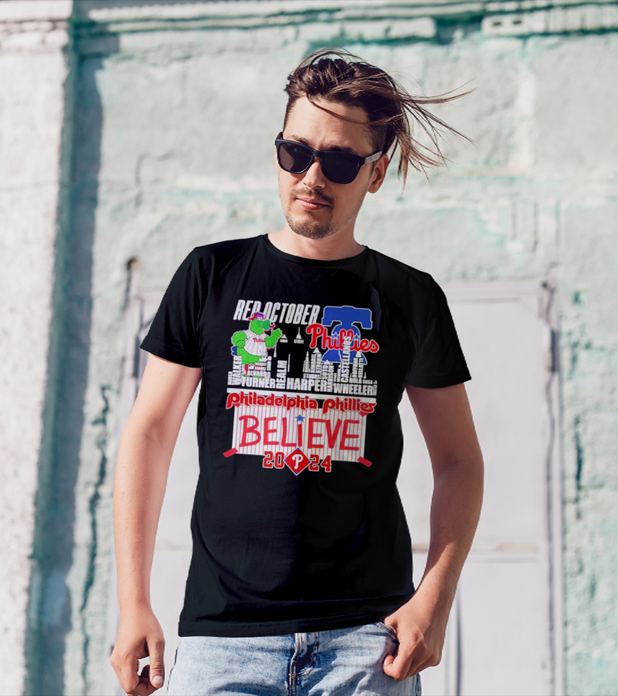 Red October Philadelphia Phillies Believe Phanatic 2024 Harper Wheeler Stadium Skyline T-Shirt