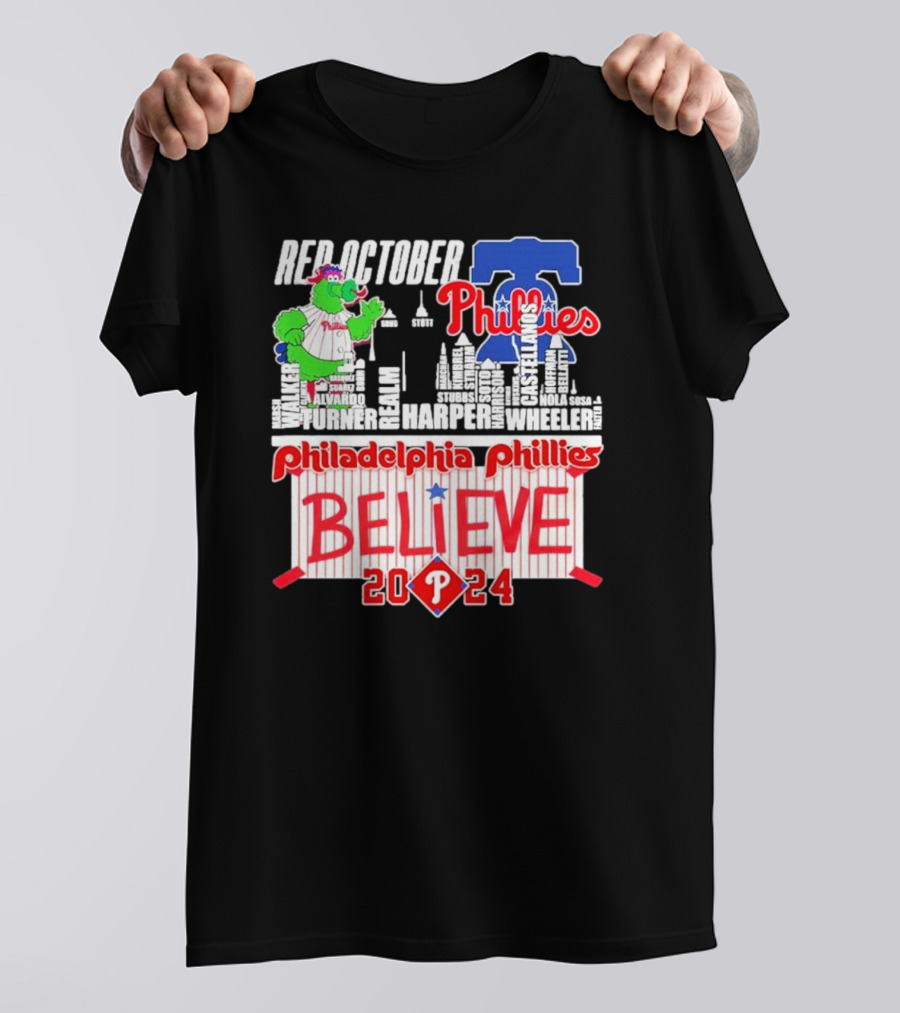 Red October Philadelphia Phillies Believe Phanatic 2024 Harper Wheeler Stadium Skyline T-Shirt