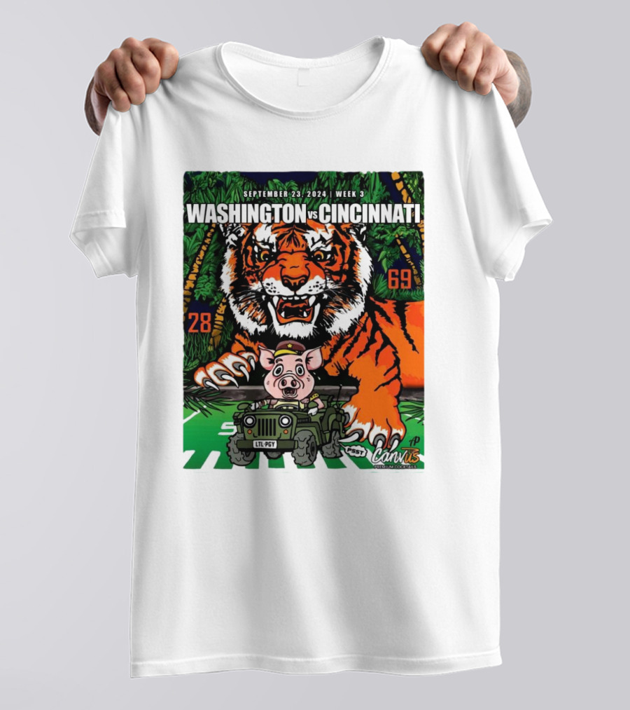 Washington Vs Cincinnati September 23 2024 Week 3 Tiger And Pig Illustration Cannvis Football Showdown T-Shirt